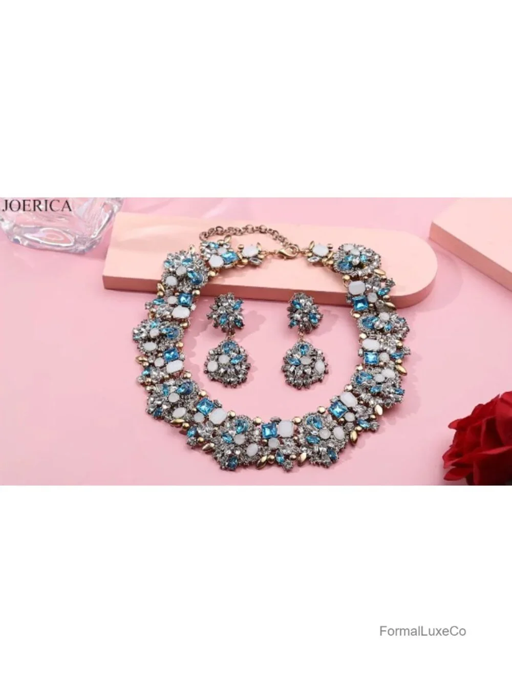 Vintage Crystal Rhinestone Bib Statement Necklace and Earrings Set for Women